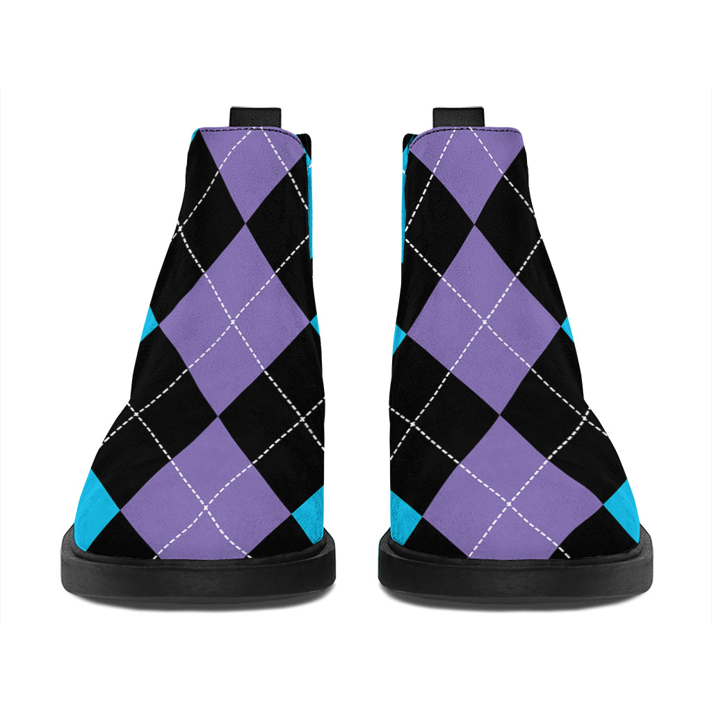 Purple Black And Blue Argyle Print Flat Ankle Boots