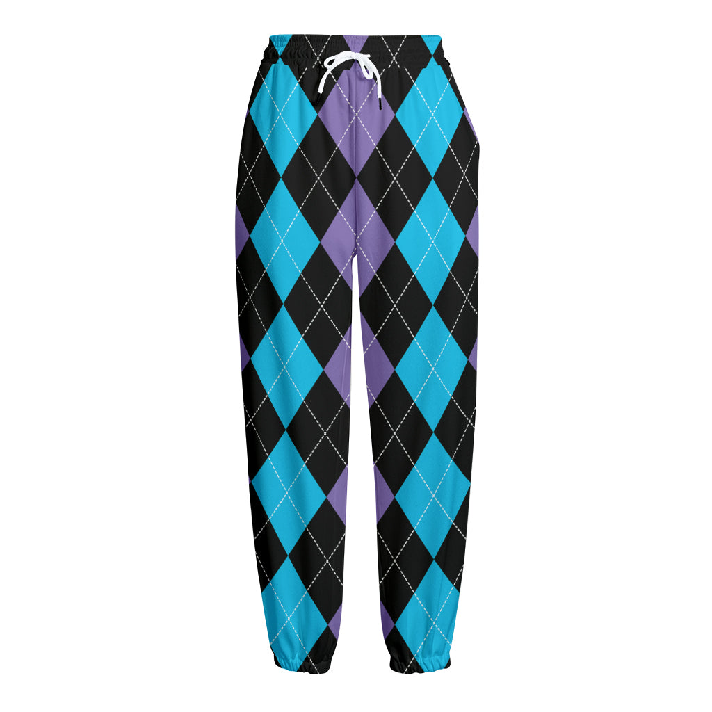 Purple Black And Blue Argyle Print Fleece Lined Knit Pants