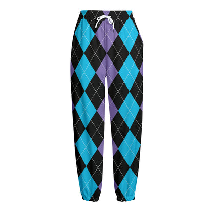 Purple Black And Blue Argyle Print Fleece Lined Knit Pants
