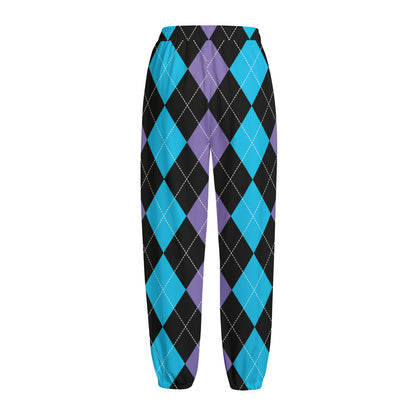 Purple Black And Blue Argyle Print Fleece Lined Knit Pants