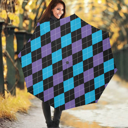 Purple Black And Blue Argyle Print Foldable Umbrella
