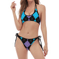 Purple Black And Blue Argyle Print Halter Scoop Tie Side Bikini