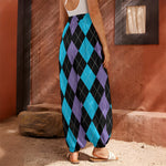 Purple Black And Blue Argyle Print Harem Pants
