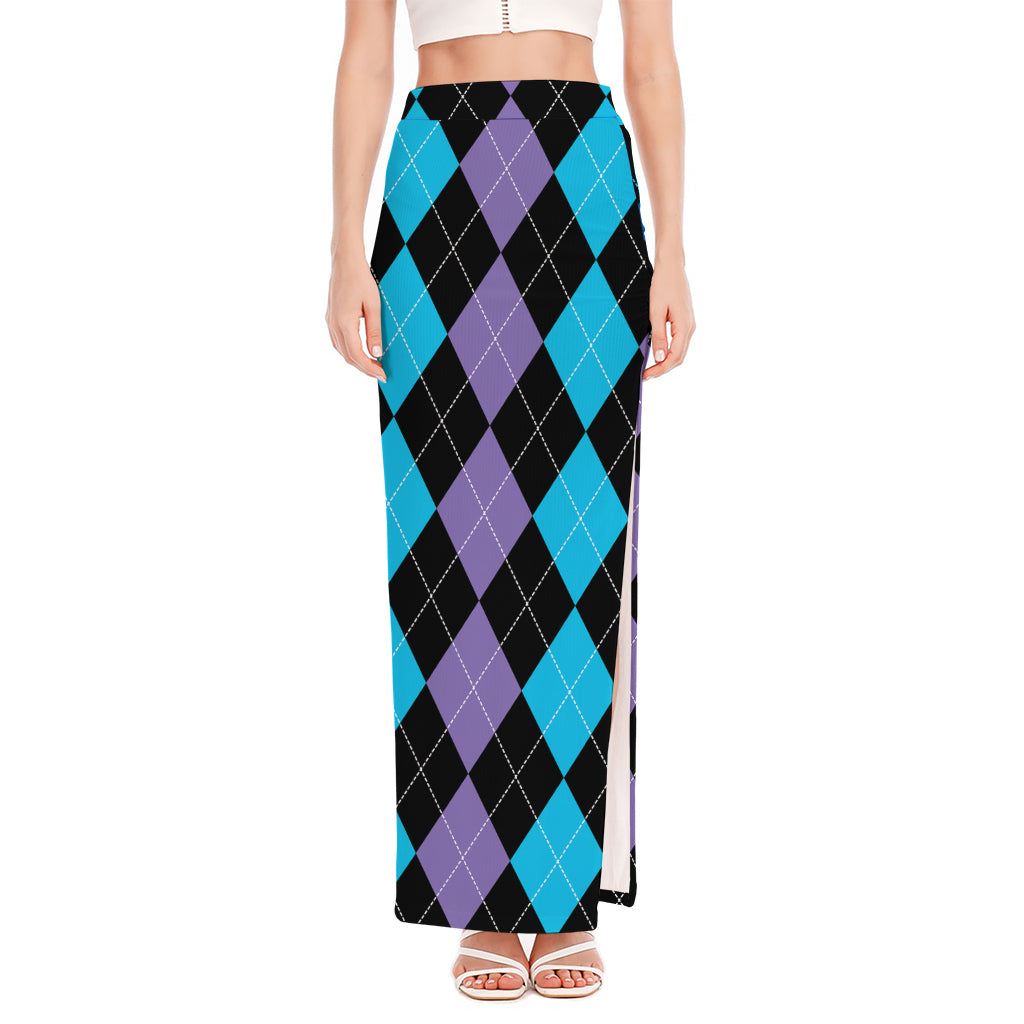 Purple Black And Blue Argyle Print High Slit Maxi Skirt