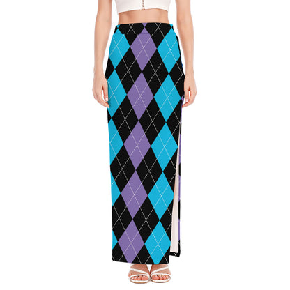 Purple Black And Blue Argyle Print High Slit Maxi Skirt
