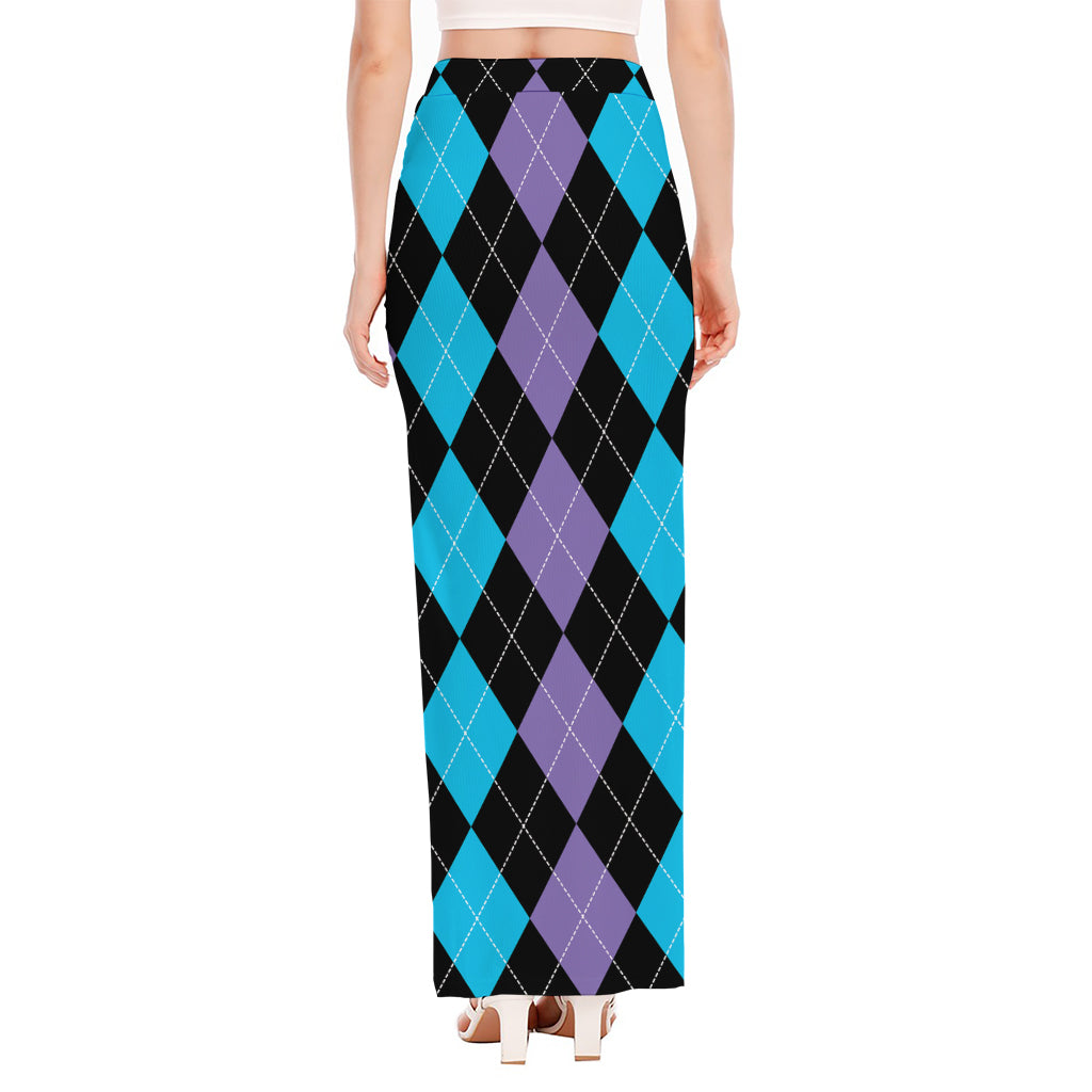 Purple Black And Blue Argyle Print High Slit Maxi Skirt
