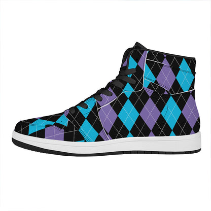 Purple Black And Blue Argyle Print High Top Leather Sneakers