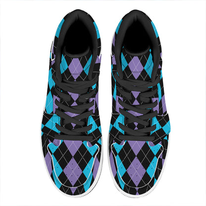Purple Black And Blue Argyle Print High Top Leather Sneakers