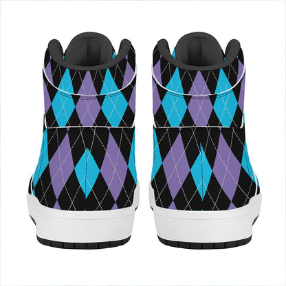 Purple Black And Blue Argyle Print High Top Leather Sneakers