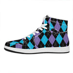 Purple Black And Blue Argyle Print High Top Leather Sneakers