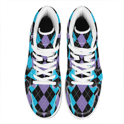 Purple Black And Blue Argyle Print High Top Leather Sneakers