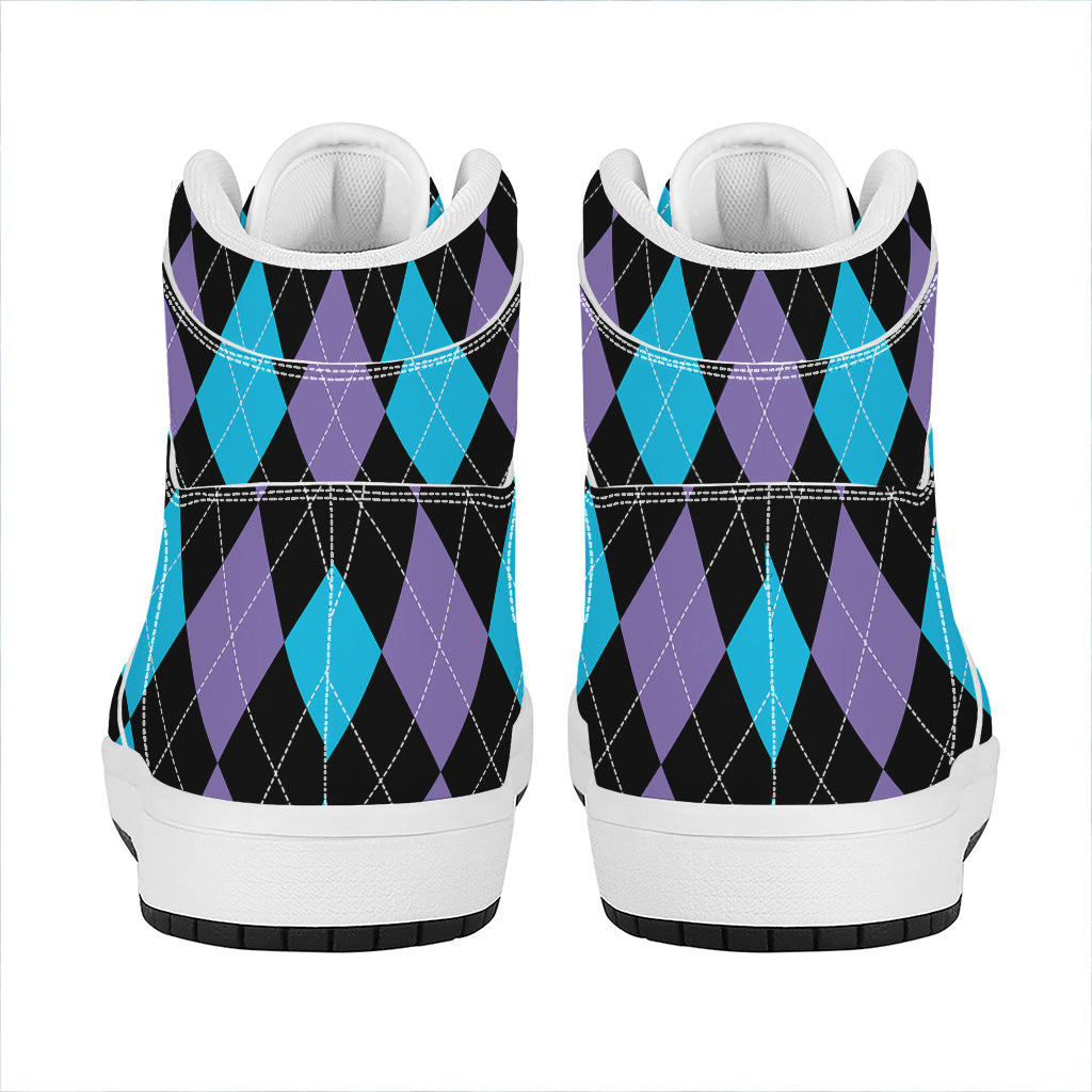 Purple Black And Blue Argyle Print High Top Leather Sneakers