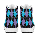 Purple Black And Blue Argyle Print High Top Leather Sneakers