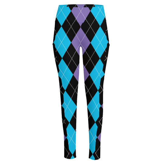 Purple Black And Blue Argyle Print High-Waisted Pocket Leggings