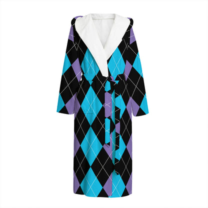 Purple Black And Blue Argyle Print Hooded Bathrobe