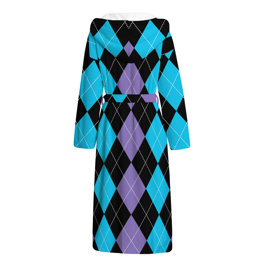 Purple Black And Blue Argyle Print Hooded Bathrobe