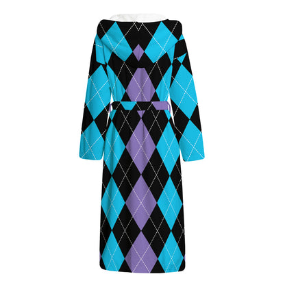 Purple Black And Blue Argyle Print Hooded Bathrobe