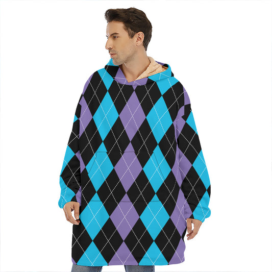 Purple Black And Blue Argyle Print Hoodie Blanket