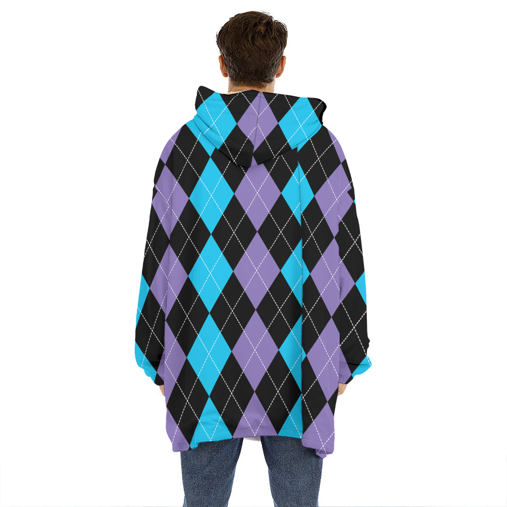 Purple Black And Blue Argyle Print Hoodie Blanket