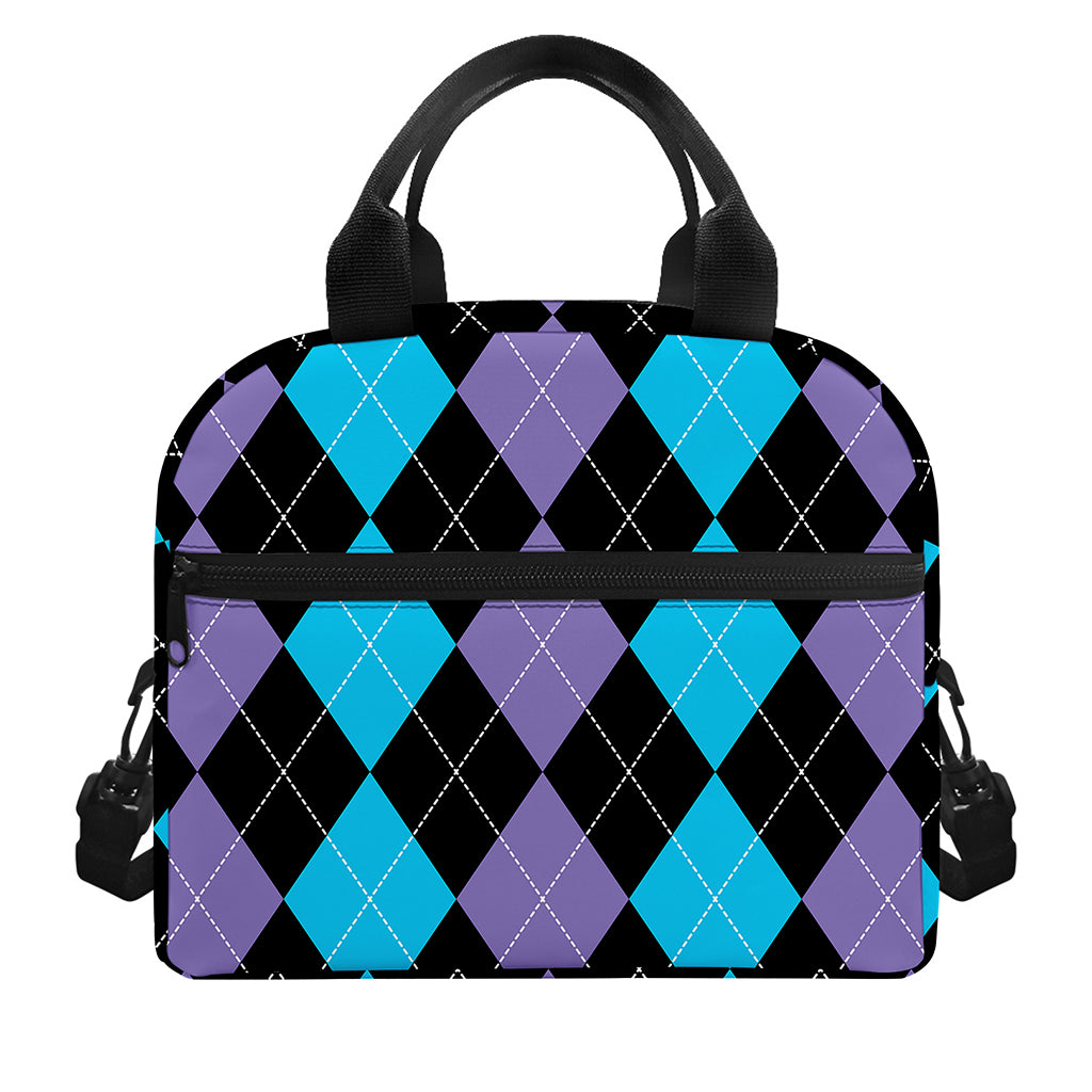 Purple Black And Blue Argyle Print Insulated Lunch Bag