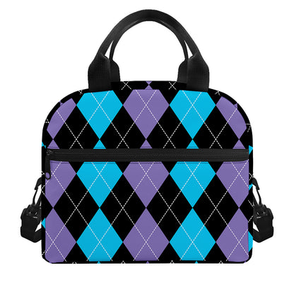 Purple Black And Blue Argyle Print Insulated Lunch Bag