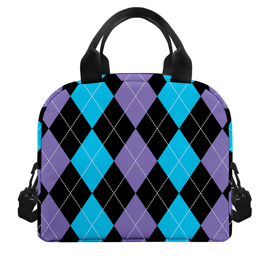 Purple Black And Blue Argyle Print Insulated Lunch Bag