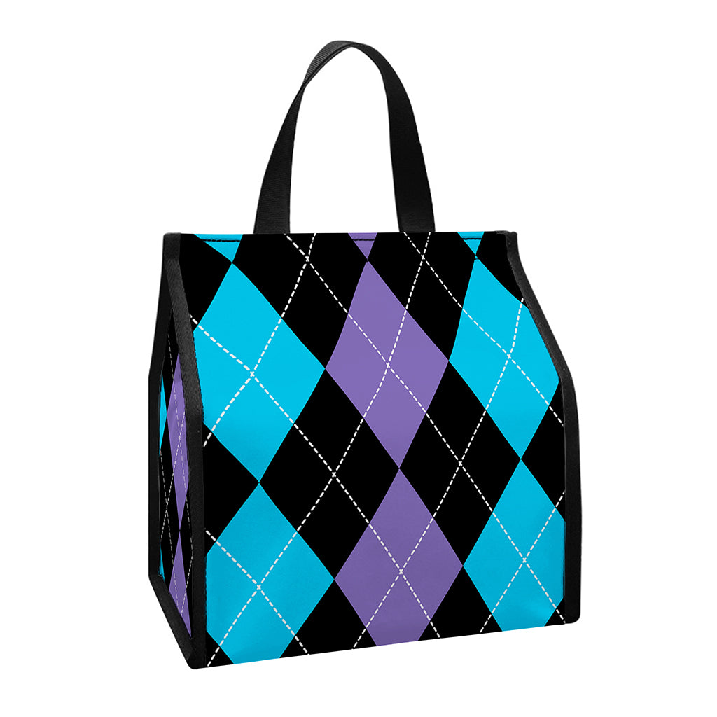 Purple Black And Blue Argyle Print Insulated Lunch Tote