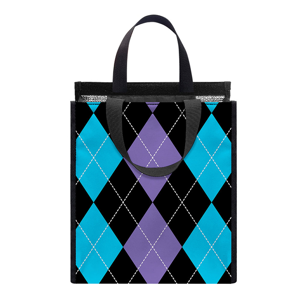 Purple Black And Blue Argyle Print Insulated Lunch Tote