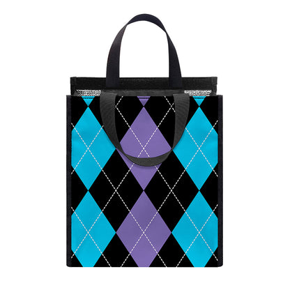 Purple Black And Blue Argyle Print Insulated Lunch Tote