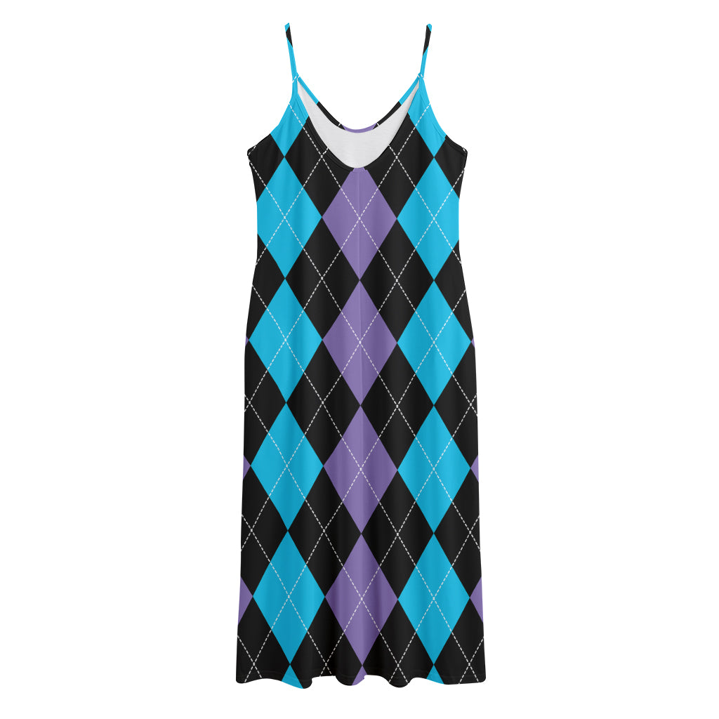 Purple Black And Blue Argyle Print Jersey Midi Cami Dress
