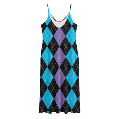 Purple Black And Blue Argyle Print Jersey Midi Cami Dress