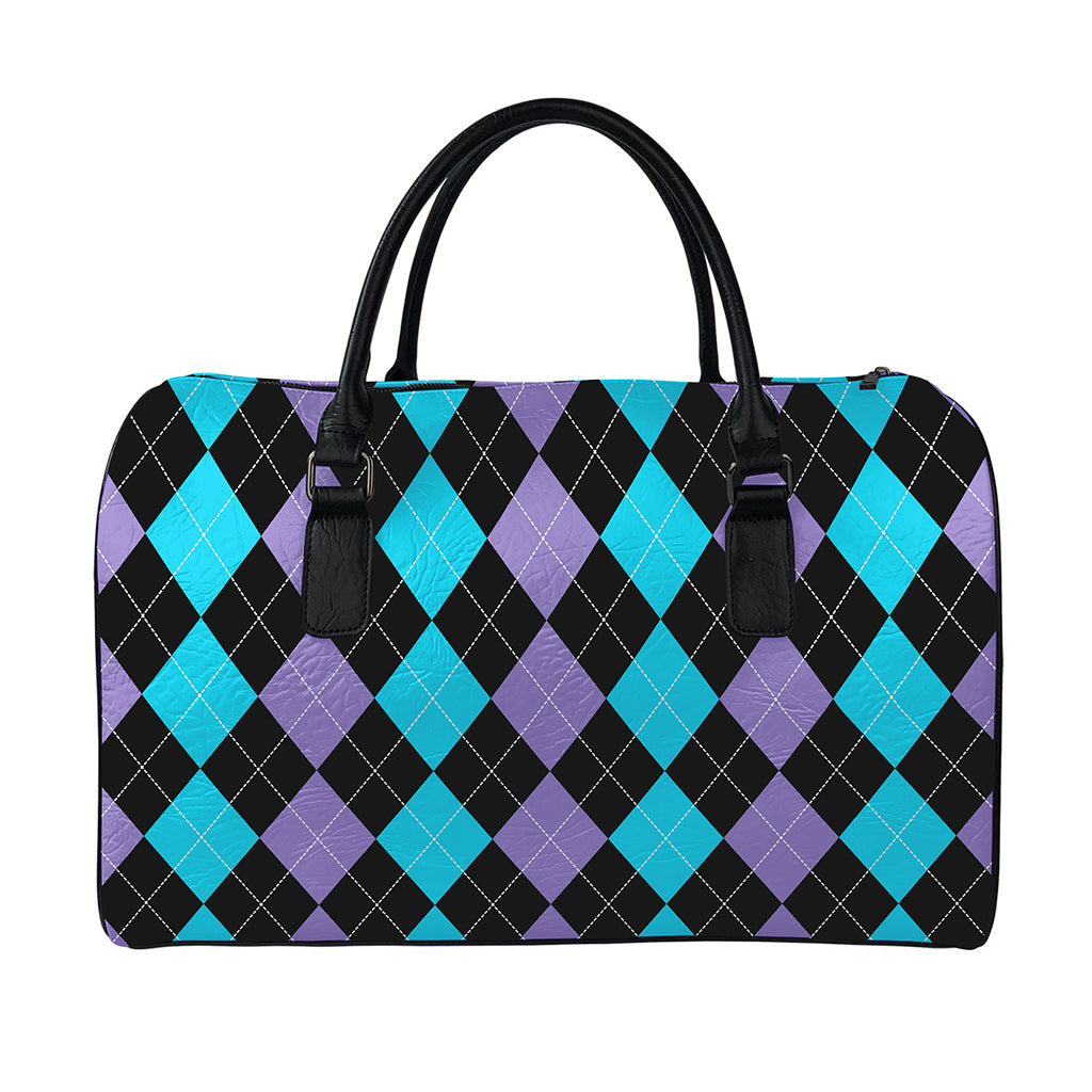 Purple Black And Blue Argyle Print Leather Duffle Bag