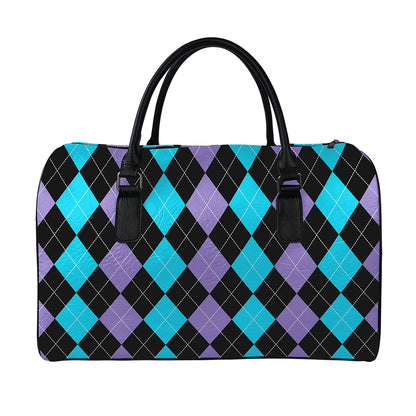 Purple Black And Blue Argyle Print Leather Duffle Bag