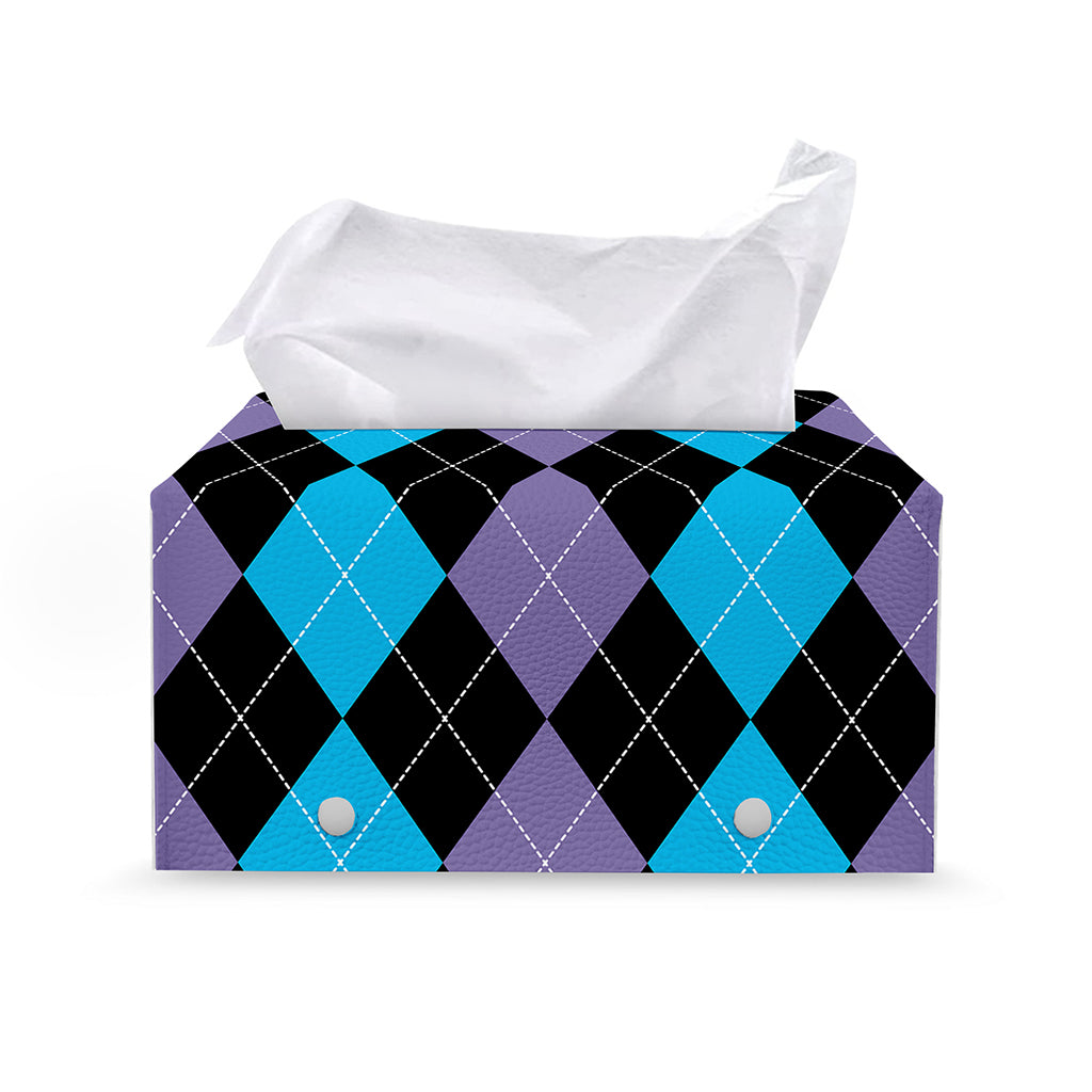 Purple Black And Blue Argyle Print Leather Tissue Box Cover