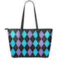Purple Black And Blue Argyle Print Leather Tote Bag With Zipper