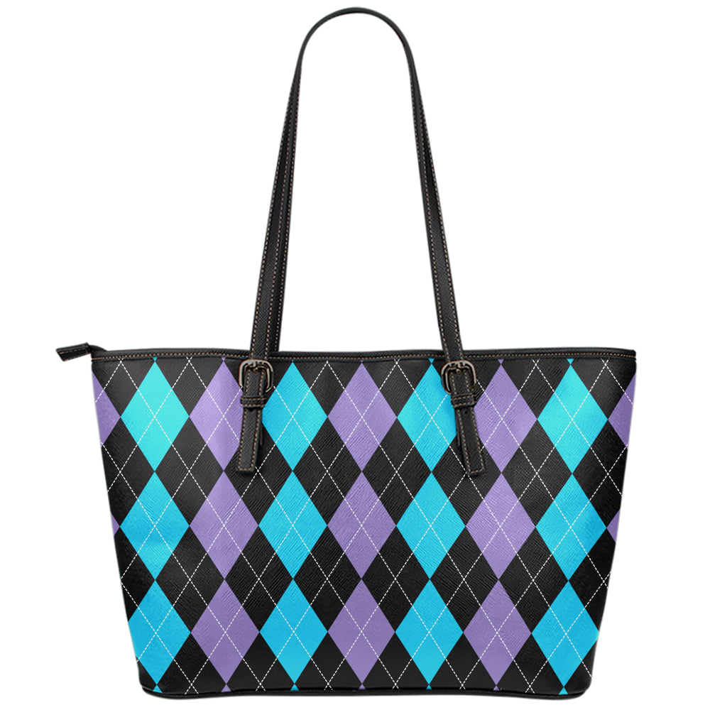 Purple Black And Blue Argyle Print Leather Tote Bag