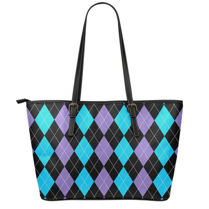 Purple Black And Blue Argyle Print Leather Tote Bag