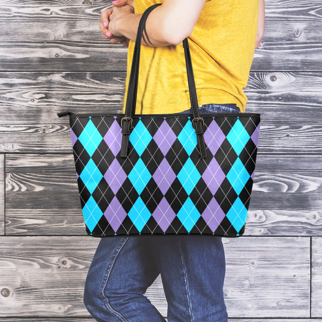 Purple Black And Blue Argyle Print Leather Tote Bag