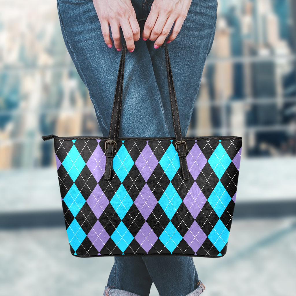Purple Black And Blue Argyle Print Leather Tote Bag