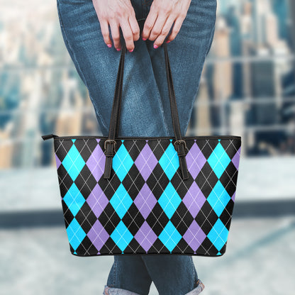 Purple Black And Blue Argyle Print Leather Tote Bag