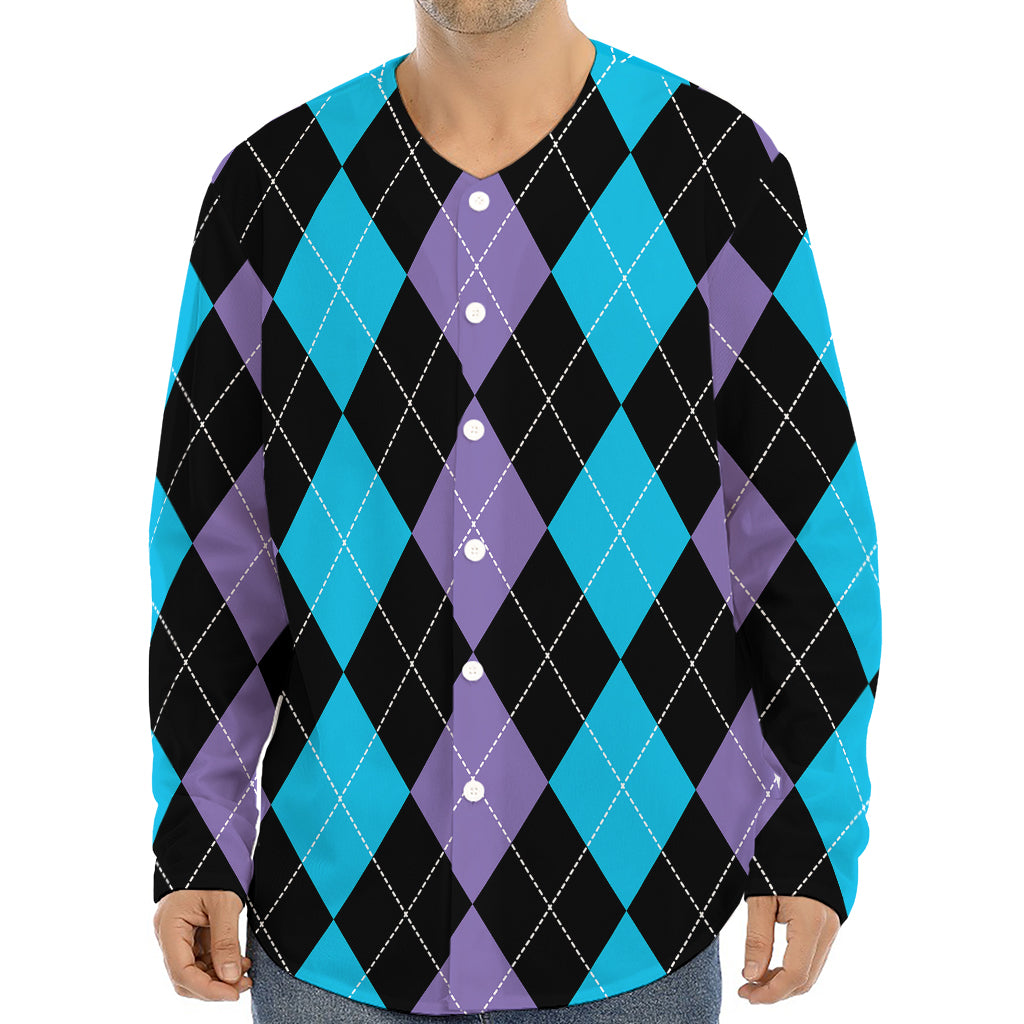 Purple Black And Blue Argyle Print Long Sleeve Baseball Jersey