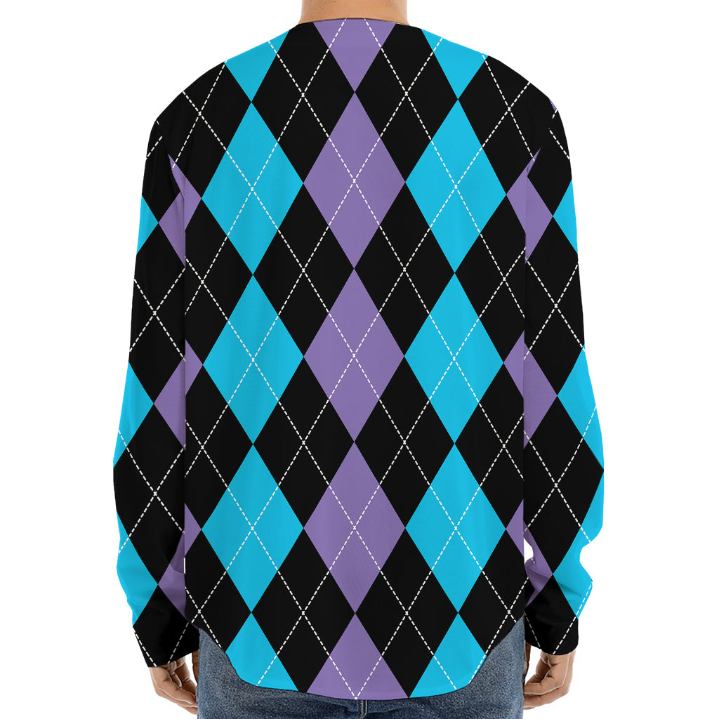 Purple Black And Blue Argyle Print Long Sleeve Baseball Jersey