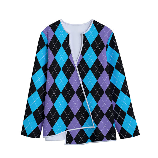 Purple Black And Blue Argyle Print Long Sleeve Short Coat