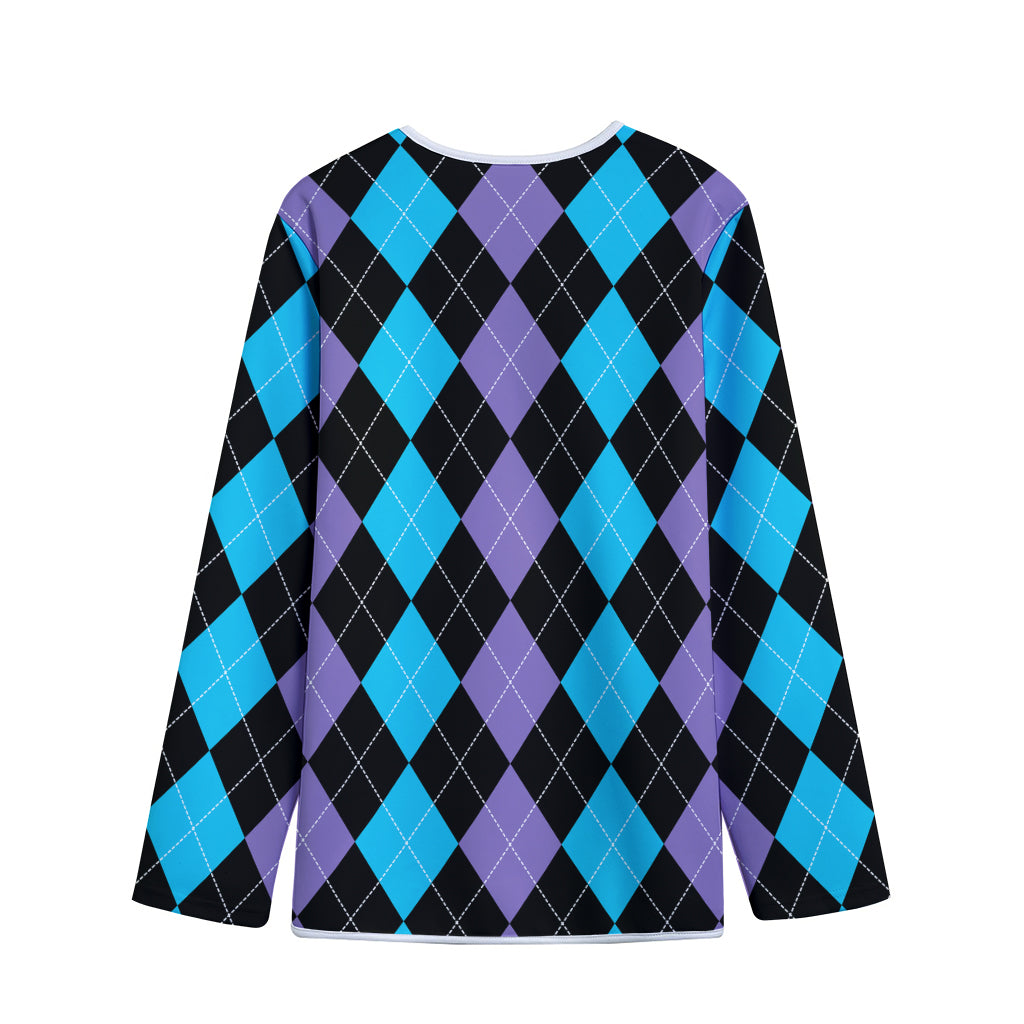 Purple Black And Blue Argyle Print Long Sleeve Short Coat