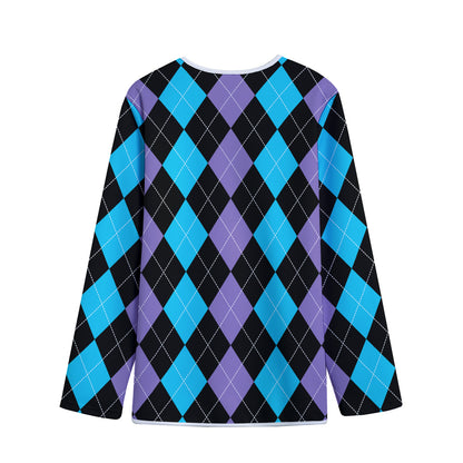 Purple Black And Blue Argyle Print Long Sleeve Short Coat