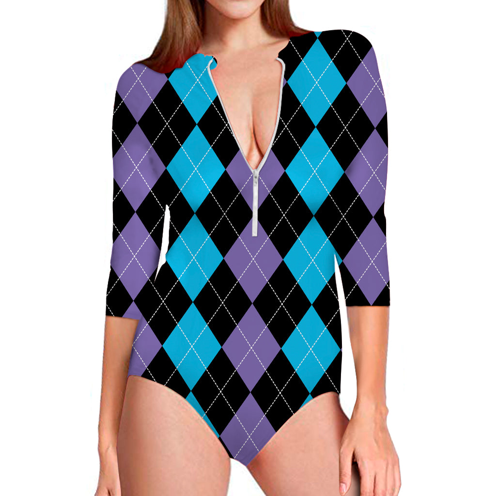 Purple Black And Blue Argyle Print Long Sleeve Swimsuit
