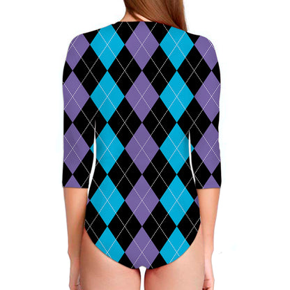 Purple Black And Blue Argyle Print Long Sleeve Swimsuit
