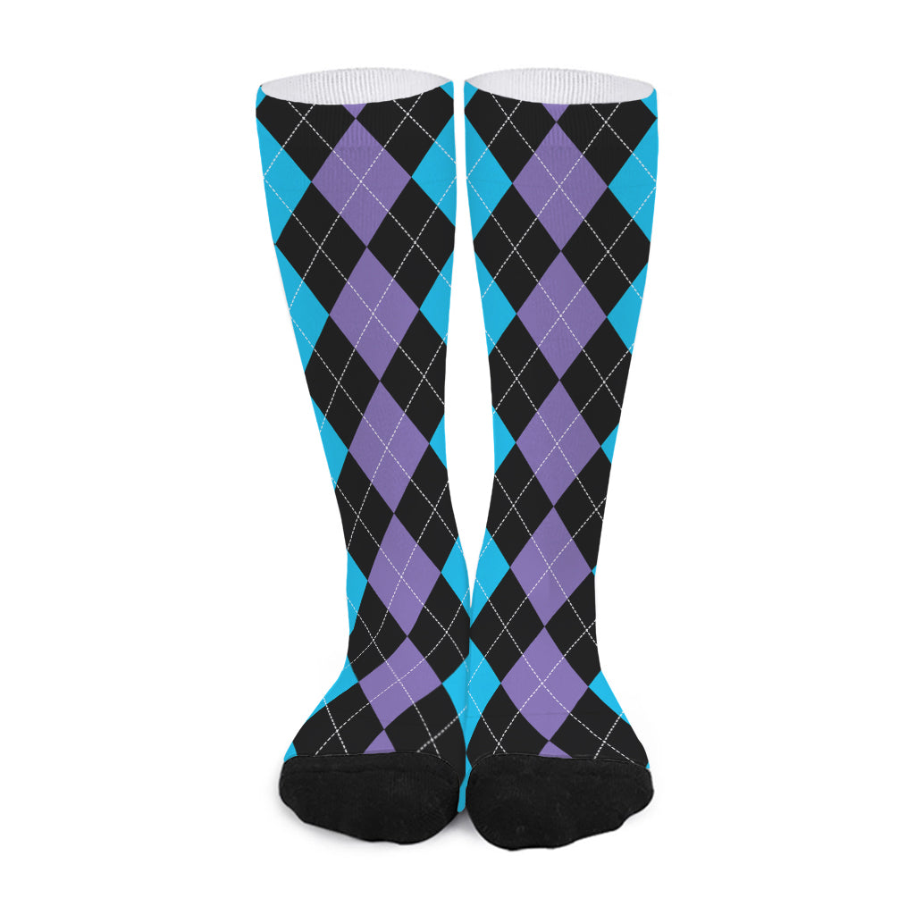 Purple Black And Blue Argyle Print Long Socks