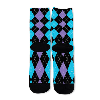 Purple Black And Blue Argyle Print Long Socks