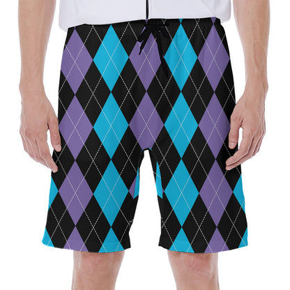 Purple Black And Blue Argyle Print Men's Beach Shorts